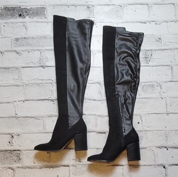 Report Black Over-the-Knee High Heel Boots 7.5 | Faux Leather & Suede - Picture 1 of 7